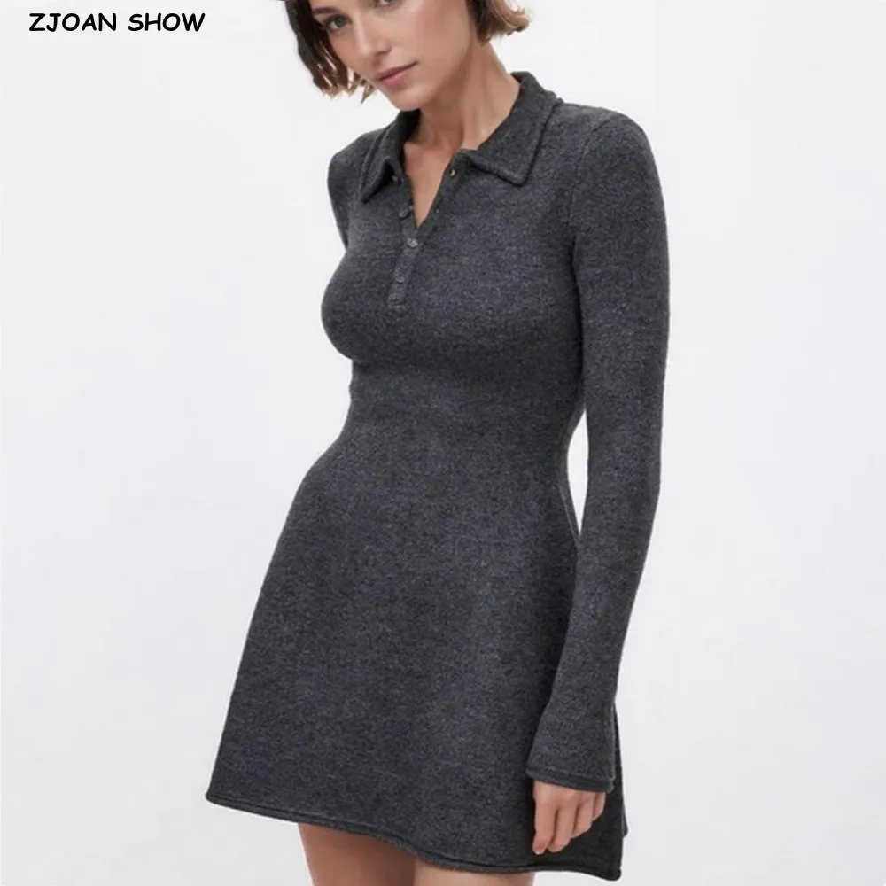 CHIC POLO-Kragen, Revers, Strickkleid mit langen Ärmeln, Damen, schmale Taille, A-Linien-Schnitt, kurzes Kleid, Strickware, Robe, Grau