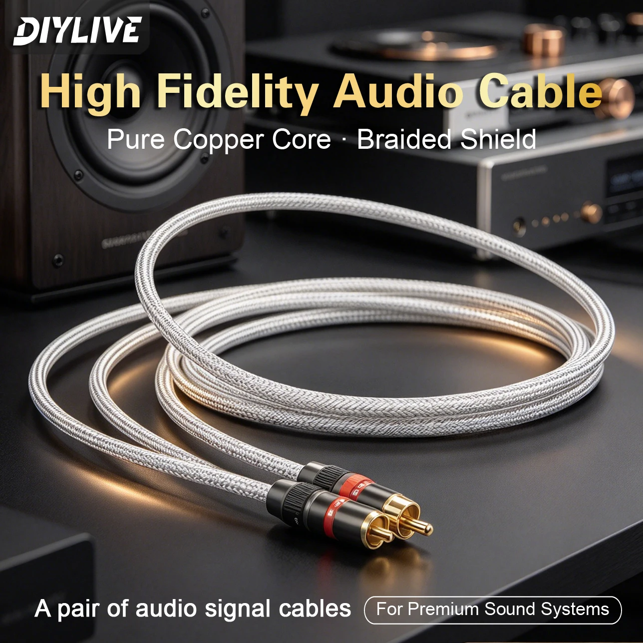 DIYLIVE 6N OFC Oxygen-Free Copper High-Fidelity Audio Signal Cable Thickened Double Lotus Head RCA Two-to-Two Pure Copper Cable