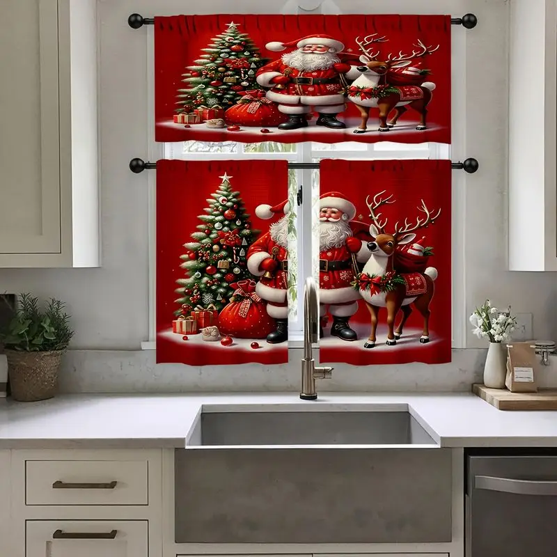 VIKAMA Christmas Kitchen Curtain Santa Reindeer Tree Gift Print Window Curtain Tier Kitchen Sink Decor Holiday Winter Cozy