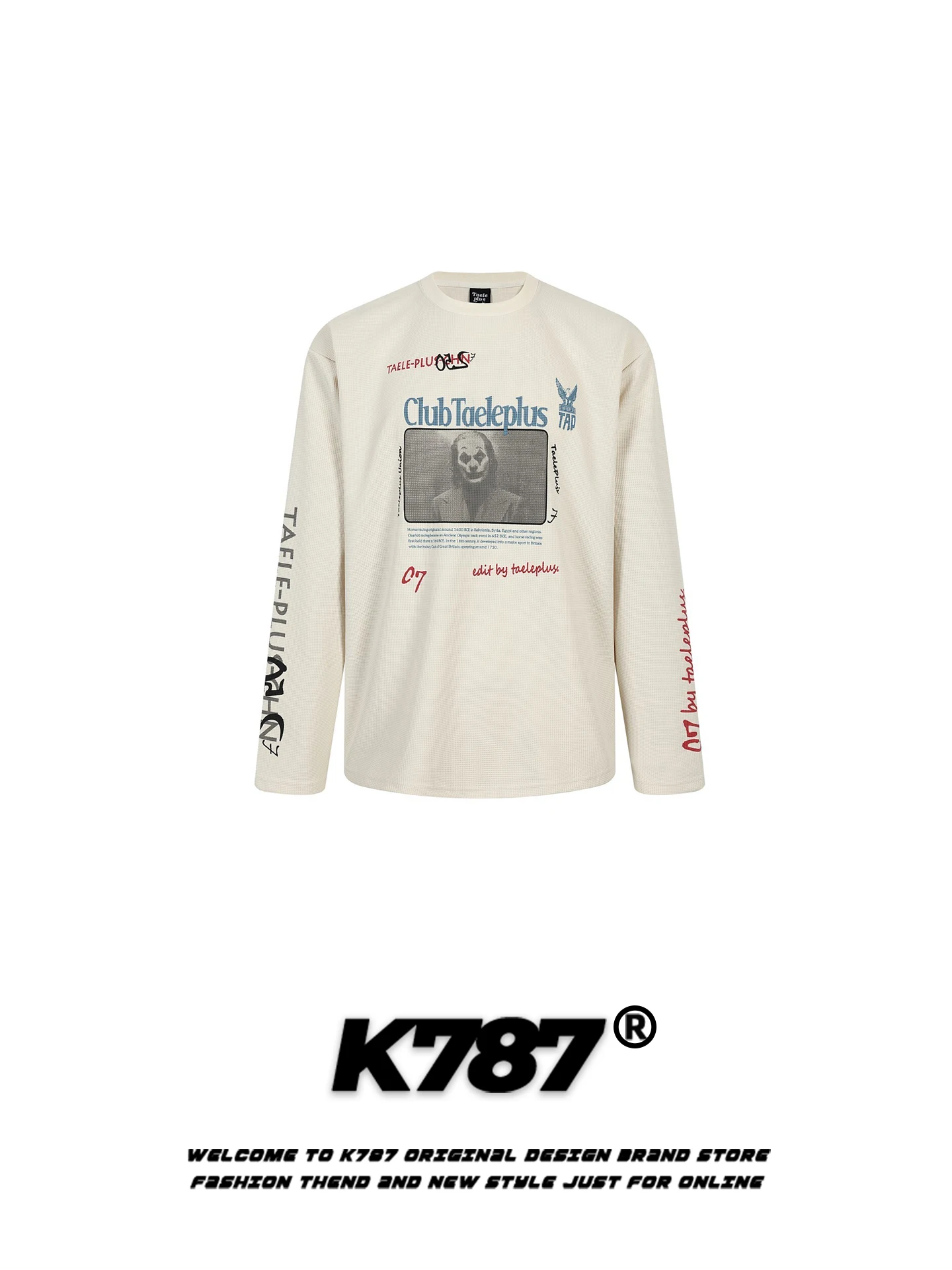 

Футболка с длинным рукавом K787 в американском ретро-стиле с принтом клоуна, свободного кроя, из вафельной ткани, повседневная, весенняя, с круглым вырезом, для мужчин и женщин