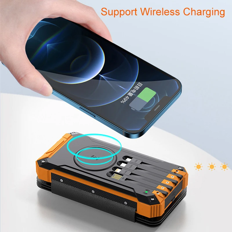 Solar Power Bank 30000mAh with Cable Qi Wireless Charger External Battery Portable Poverbank for iPhone Samsung Xiaomi Powerbank