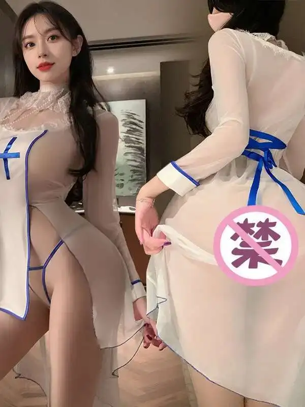 Sexy Female Sexy Lace Mesh Sheer Soft Gauze Cosplay Slit Court Nun Uniform Dress Elegant 2025 New Sweet Mini Dress Tops DHY8