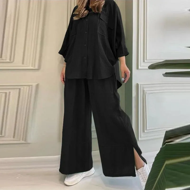 Casual Cotton Linen Black Sets Women Fashion Lapel Button Shirt And Long Pant Outfits Long Sleeve Loose Two Piece Suits Women's