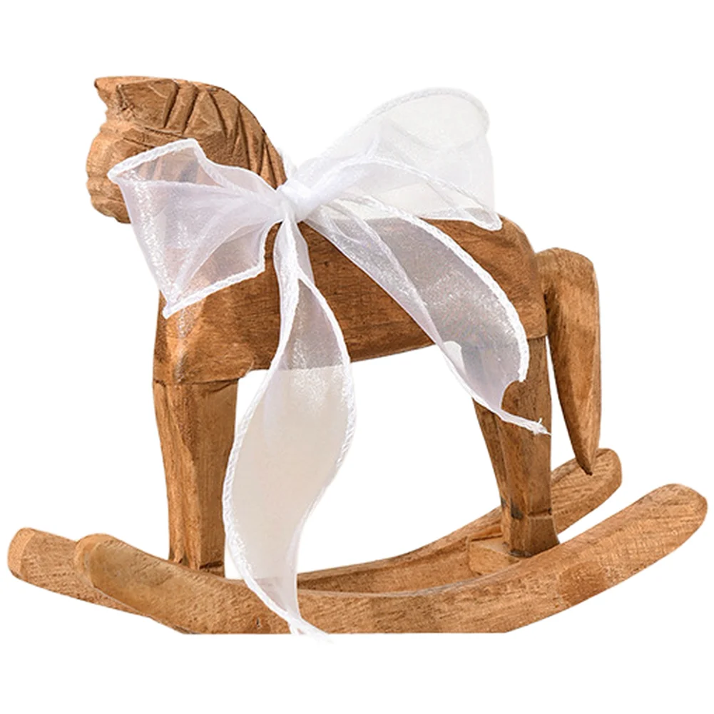 Modern Simple Style Wooden Rocking Horse Craft With Fabric Ribbon Desktop Ornament For Living Room Tabletop Household Decoration