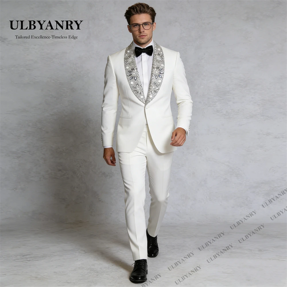 ULBYANRY Men's Luxury Wedding Suit Single-Breasted Slim Fitting Groom Suits Crystals Rhinestones Tailored Tuxedo Jacket Pants