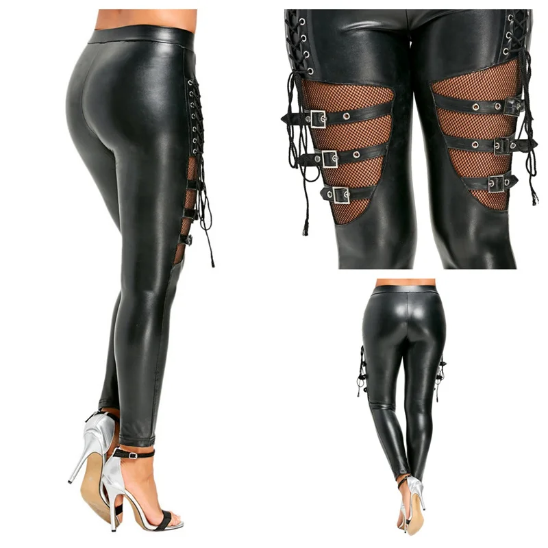 Women Faux PU Leather Pencil Pants Mesh Patchwork Lace-up Buckle Skinny Leggings Nightclub Stage Dance Tight Clubwear Trousers