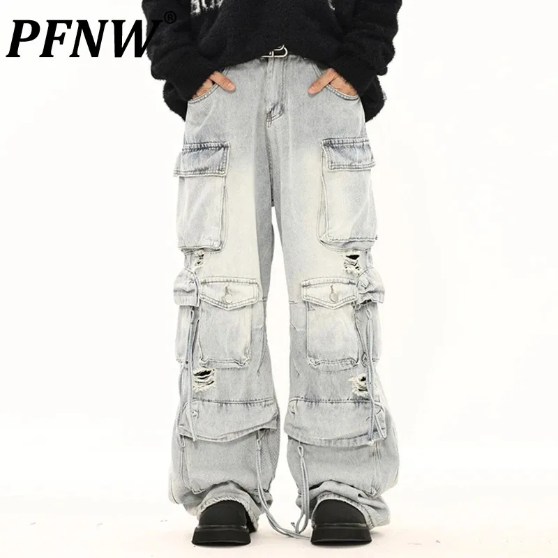 

PFNW Functional Style Men's Jeans Hole Multi Pockets Webbing Straight Bottom Wide Leg Male Denim Pants New Trend Autumn 12C606