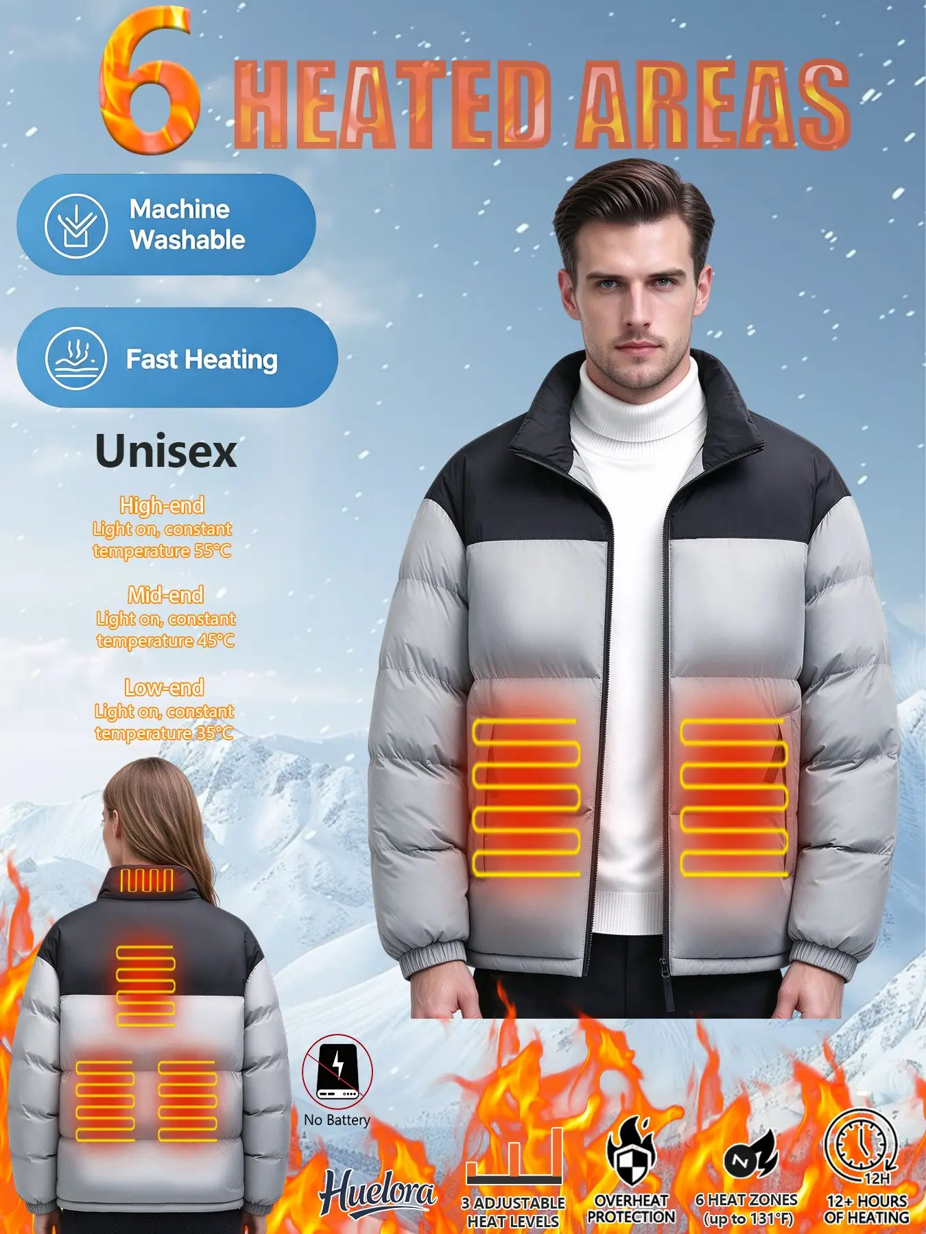 2026 New Arrival Unisex Heated Padded Jacket,6 Heating Zones 3 Temp Control,Stand Collar Color Block Winter Coat,MachineWashable