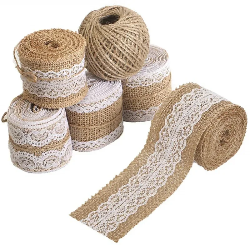Juteband 2M Vintage Hochzeits-Tischdekoration Sisal-Spitzenband Jute-Hessian Rustikale Event-Party-Dekorationsartikel – Detail 1