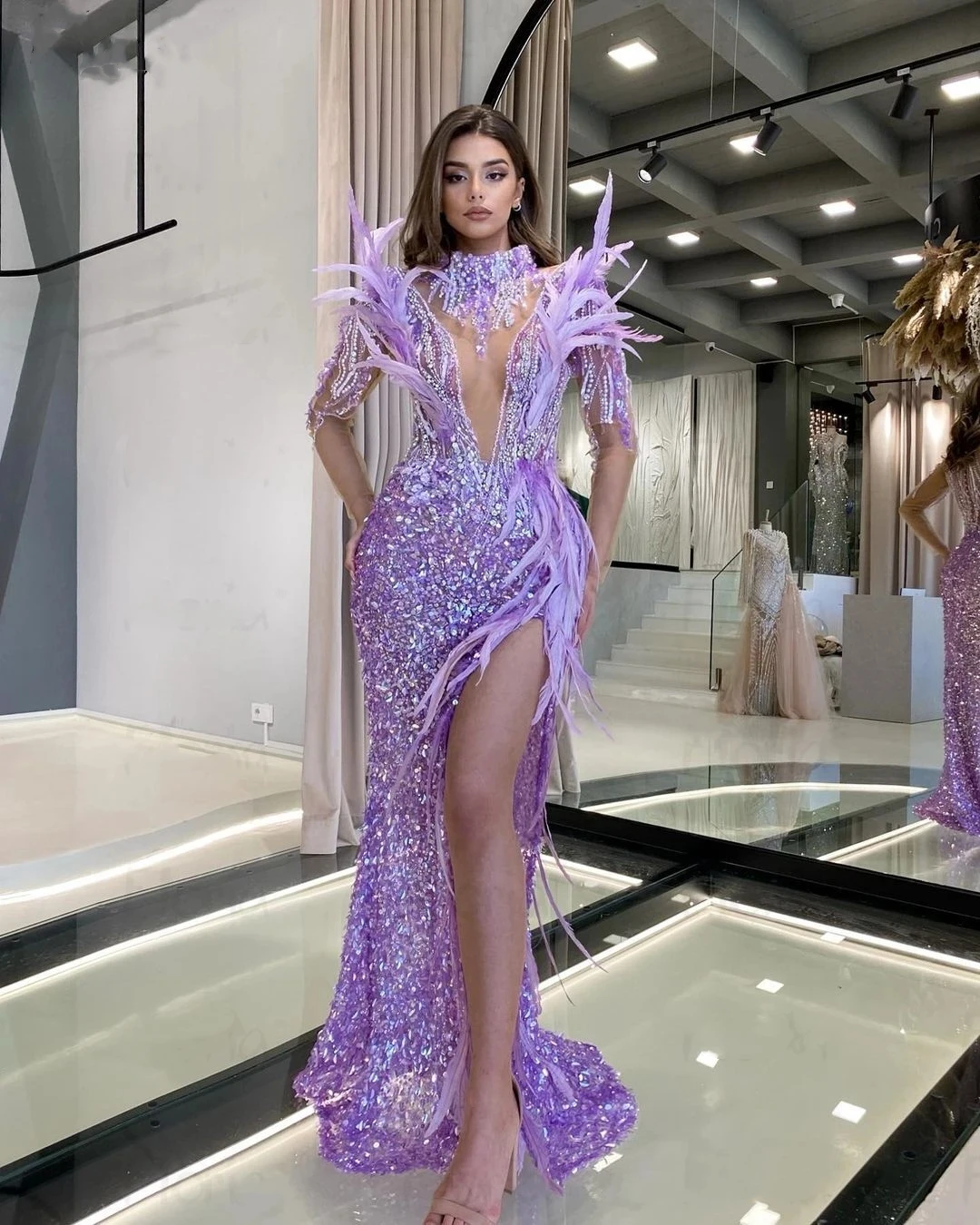 

Изысканное блестящее платье для выпускного вечера с кристаллами, украшенное бисером, иллюзионное вечернее платье с разрезом по бокам, Русалка, изготовленное на заказ