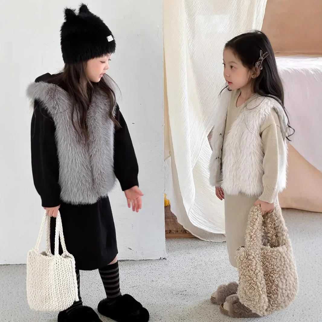 Children Clothes Girls Korean Style Fur Vest Baby Winter Solid Color New Fashionable Warm Casual Girls Sweet Soft Kids Waistcoat