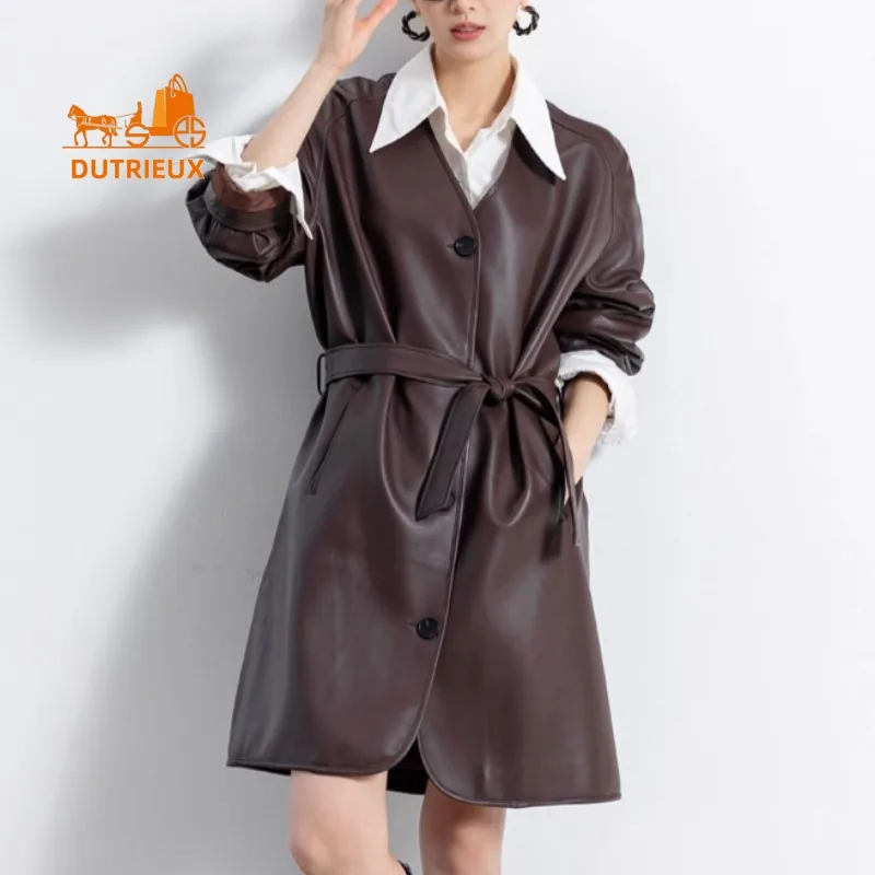 

Autumn and Winter Women's Simple Mid-length Windbreaker Real Leather Jacket, 100% Genuine Sheepskin, Fashion Elegant Coat Women