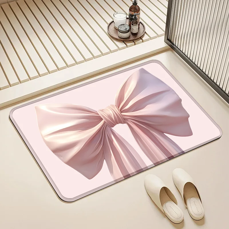 

Satin Pink Bow Door Mat Non-Slip Washable Floor Rug for Home Bathroom Kitchen Decor