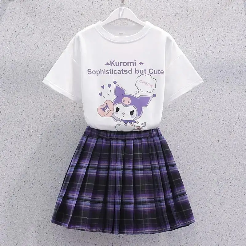 Kawaii Kinderen Korte Mouwen Rok Pak Anime Kuromi Zomer Preppy Stijl Plooirok Cartoon Korte Mouwen A-Lijn Rok Meisje Cadeau