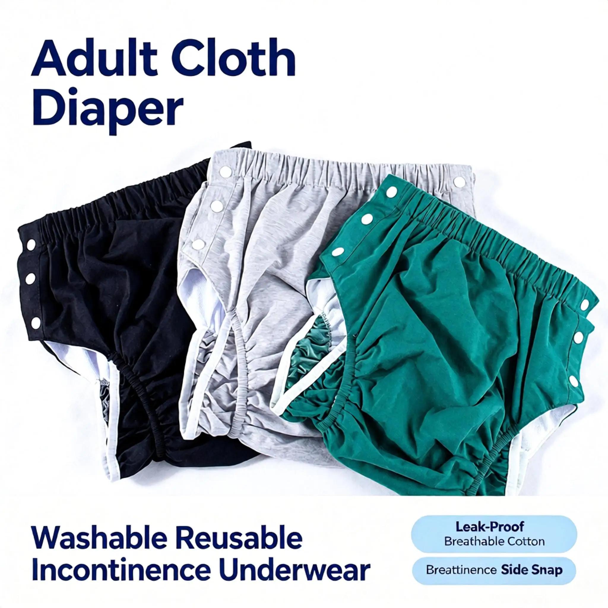 Adult Washable Reusable Incontinence Underwear Side Snap Cotton Care Pant Leak-Proof Breathable Cloth Diaper For Disabled Elderl