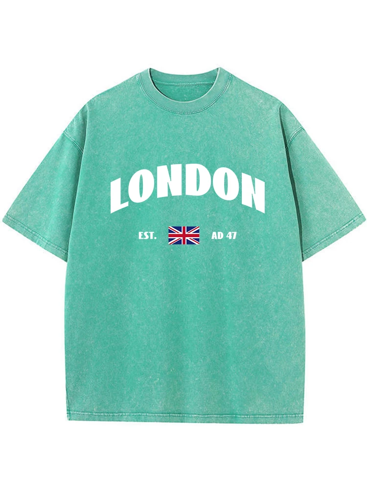 London Flag Pattern Printing Women Washed T-Shirt Soft Casual Short Sleeved Street Distressed T Shirts Cotton Breathable Tshirt