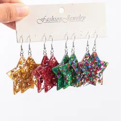 4pair/set Merry Christmas Sequin Star Acrylic Earrings for Women New Glitter Colorful Pentagram Earring Party Jewelry Sets Gifts