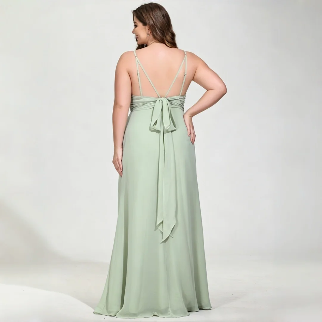 Sage Green Plus Size Chiffon Bridesmaid Dresses Spaghetti Straps Deep V Neck Ruched Waist A Line Floor Length Formal Garden Gown