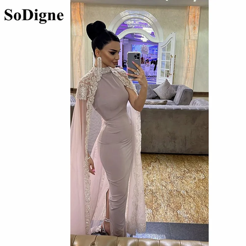 

SoDigne Satin Saudi Arabia Prom Dresses With Lace Cape Dubai Formal Evening Party Dress Customize Women's Bridal Gowns