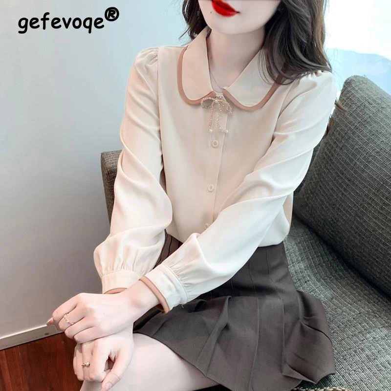 Women Korean Fashion Beads Bow Chic Shirts Vintage Elegant Contrast Color Sweet Blouses Casual Long Sleeve Tops Camisas De Mujer