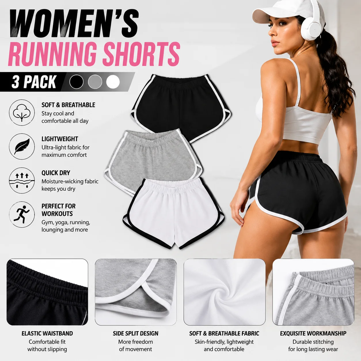 3 PCS Women Athletic Running Shorts Quick Dry Lightweight Breathable Side Split Elastic Waist Moisture Wicking Workout Shorts For Gym Yoga Jogging Loungewear