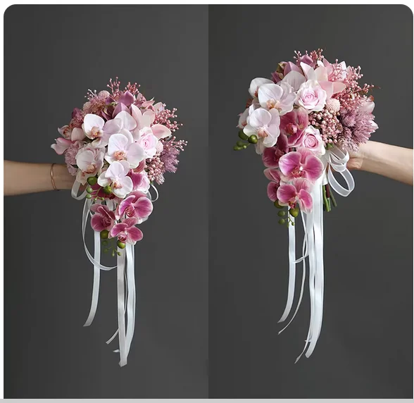 Water droplets holding simulation bouquet wedding photography powder Phalaenopsis silk flower home living room table table displ