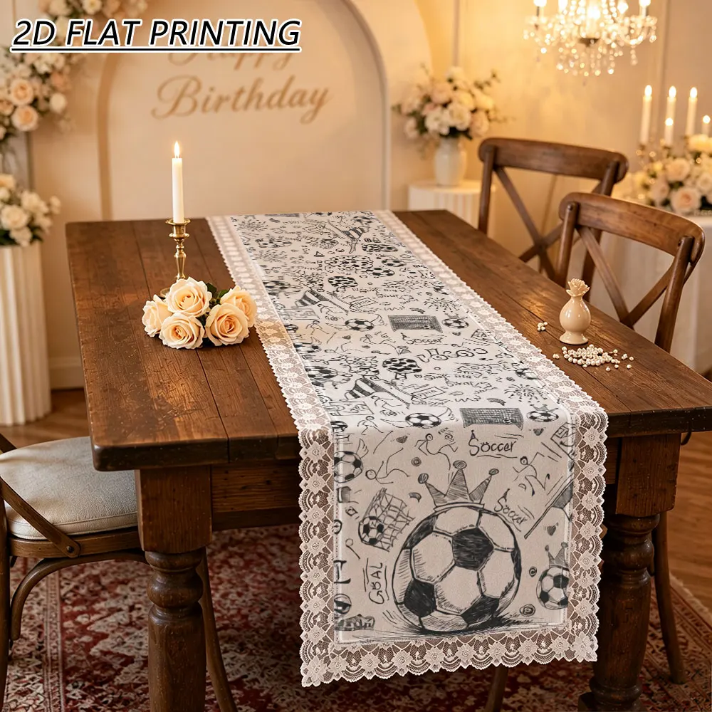 1pc Soccer Doodle Pattern Tulle Lace Table Runner For Football Fans Sports Party Decor