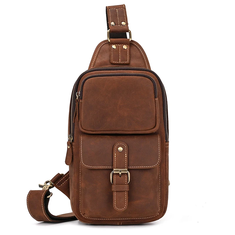 Crazy Horse Leather Men Chest Bag Casual Top Layer Cowhide New Pattern Men's Crossbody Bag Single Shoulder Bagpack Male Designer