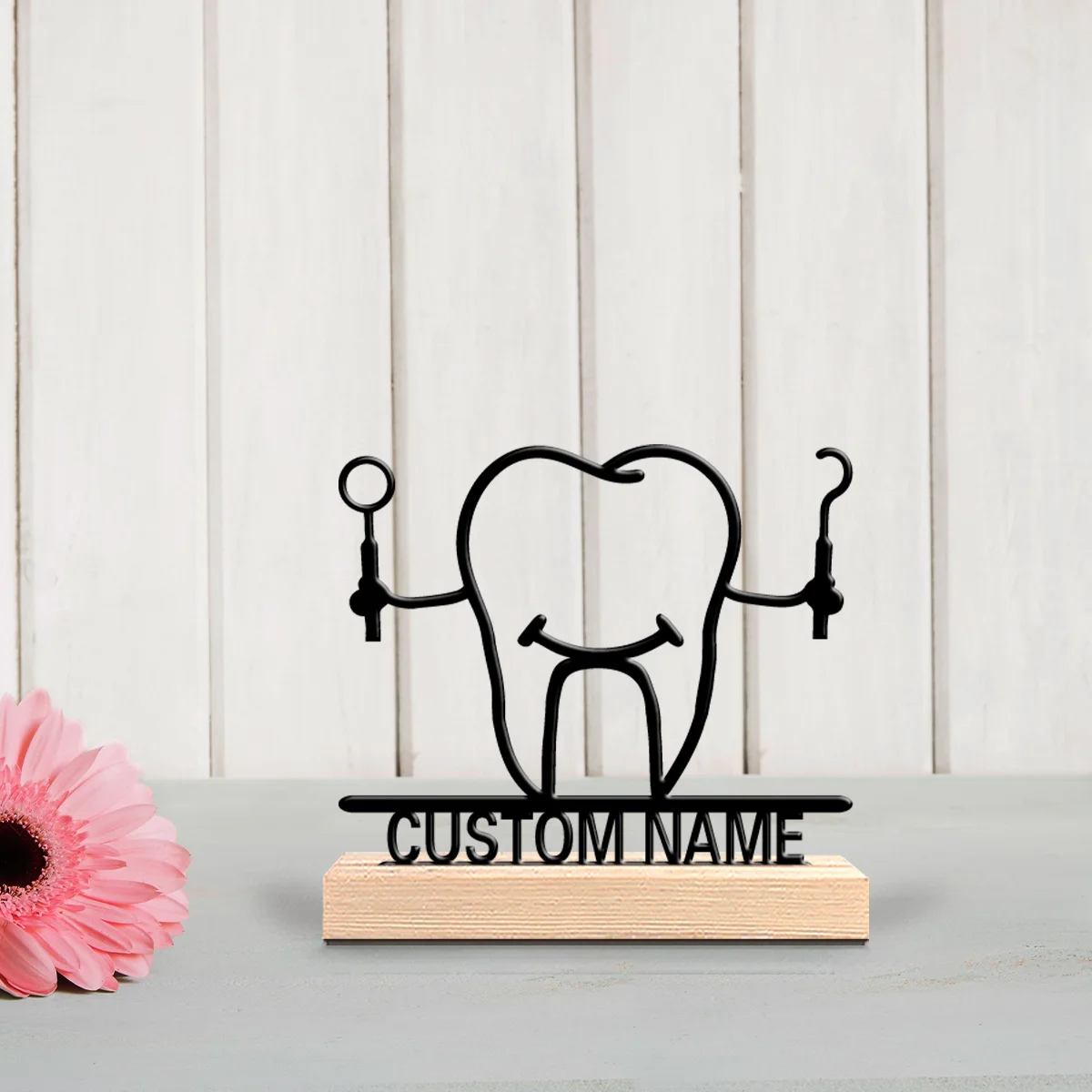 1pc Cartoon Personalized Custom Tooth Design Metal Statues Metal Art With Wooden Base Desktop Decorative Art, Office Decoration