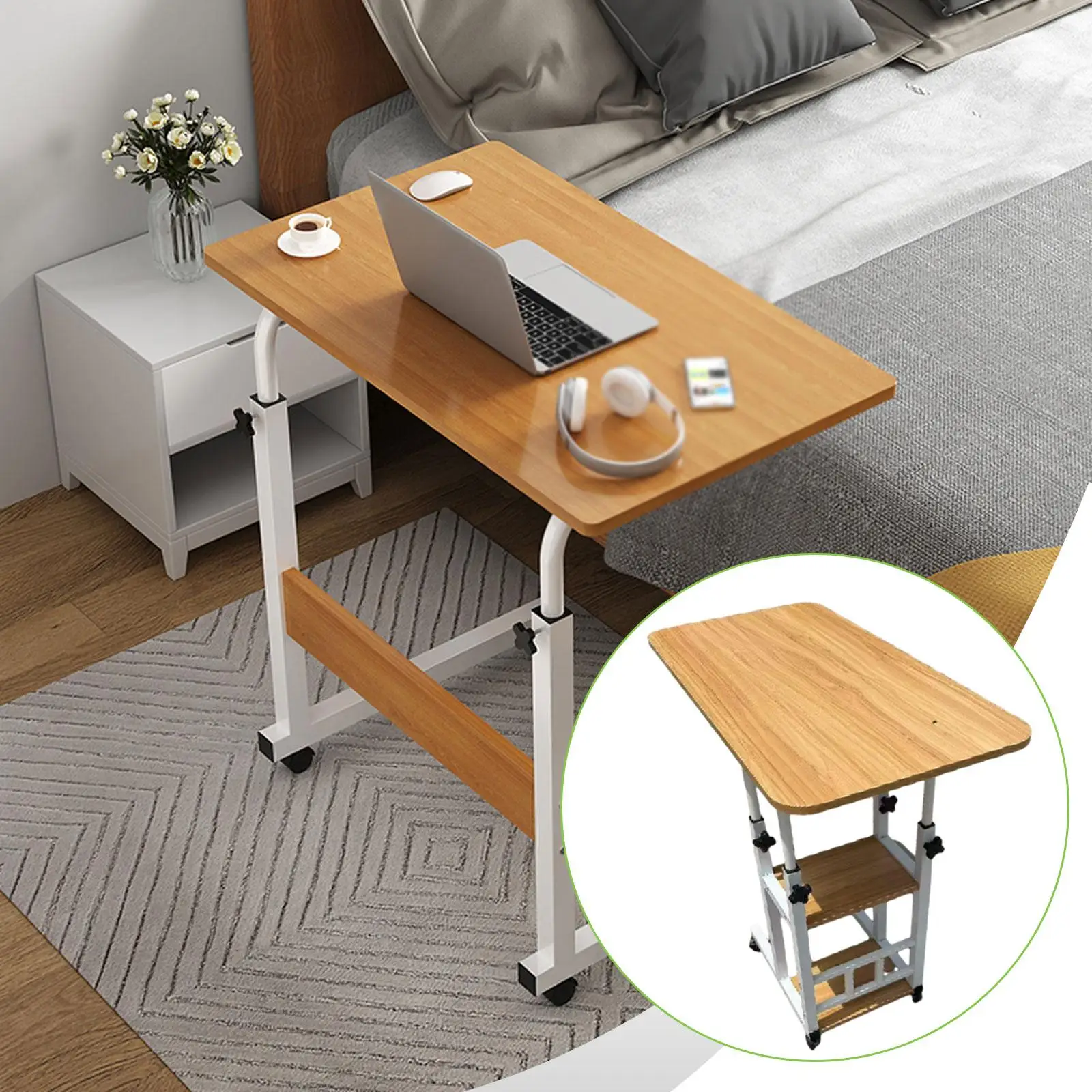 Height Adjustable Desk Rolling Bedside Table Wood Iron Sturdy Multifunctional Furniture for Dorm Room