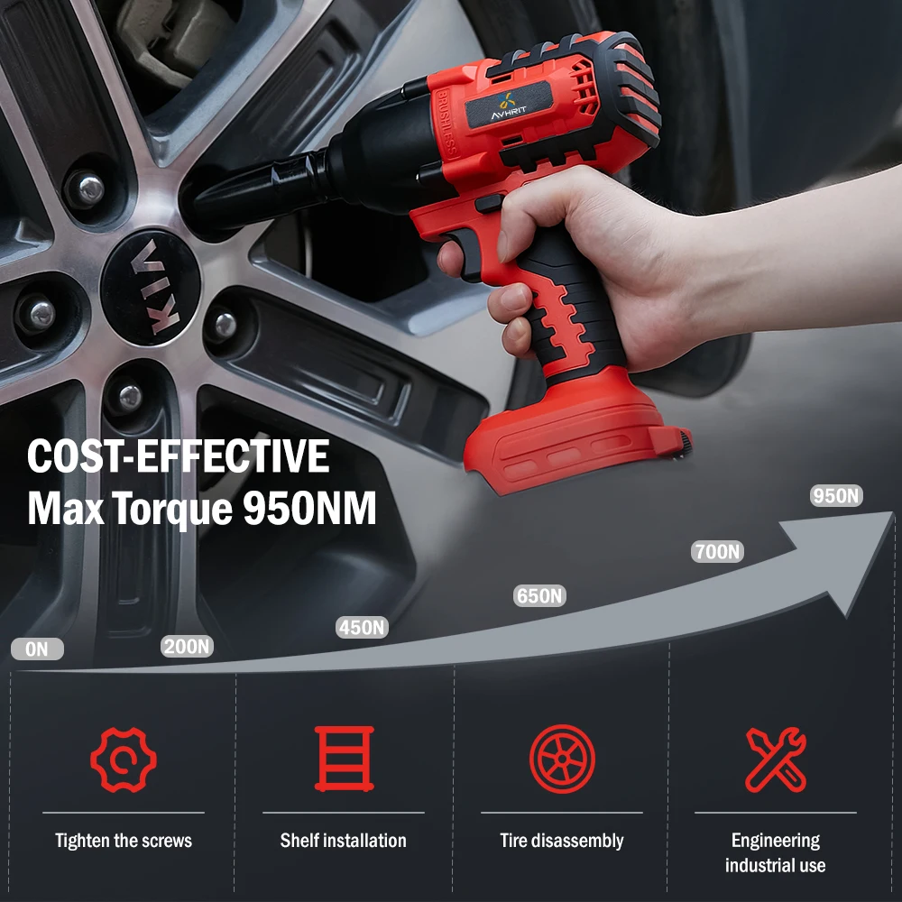 Avhrit Charging Impact 950N.m Torque Brushless Motor Cordless Impact Wrench Screw Driver Electric Impactor Drill Power Tools