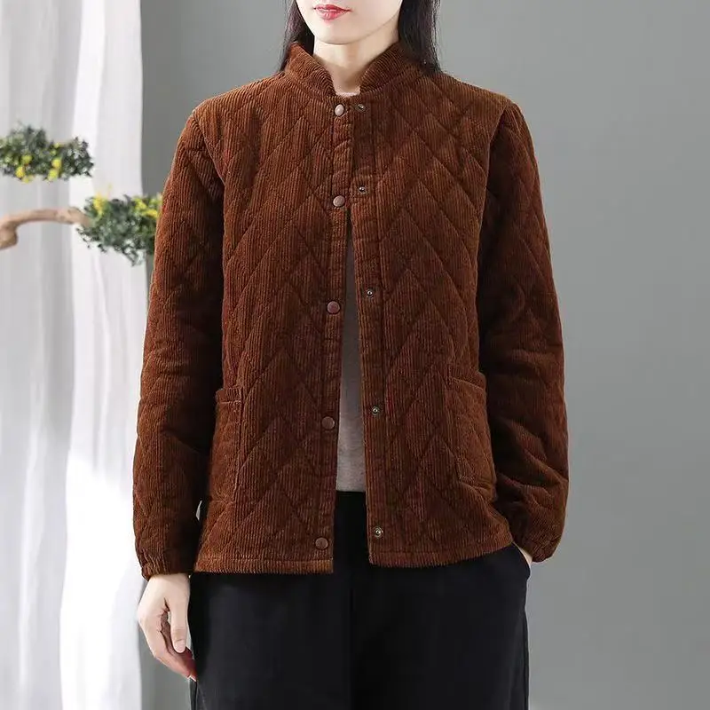 ผ้าฝ้ายผู้หญิง Coat Parka Retro Corduroy Coat Cotton Stand Up Collar ฤดูใบไม้ร่วงฤดูหนาวแจ็คเก็ตอุ่นสั้นผ้าฝ้าย Overcoat