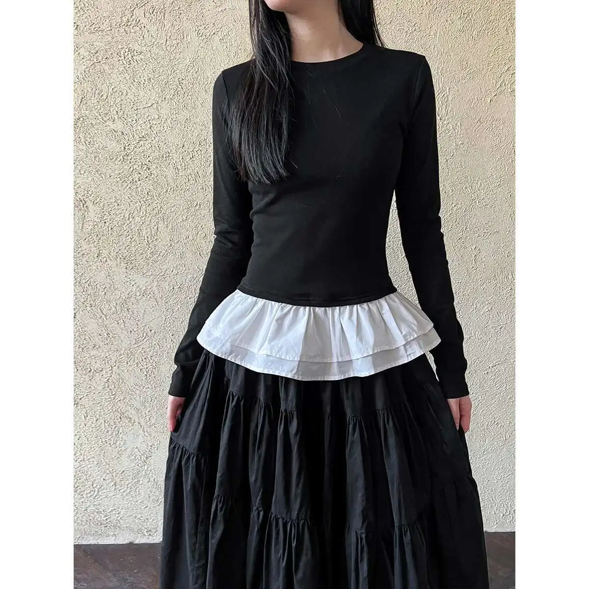 

Casual Ballet Style Lace Splicing Long Sleeve T-shirt 2025 Spring New Design Sense Slimming Bottom Shirt 2866