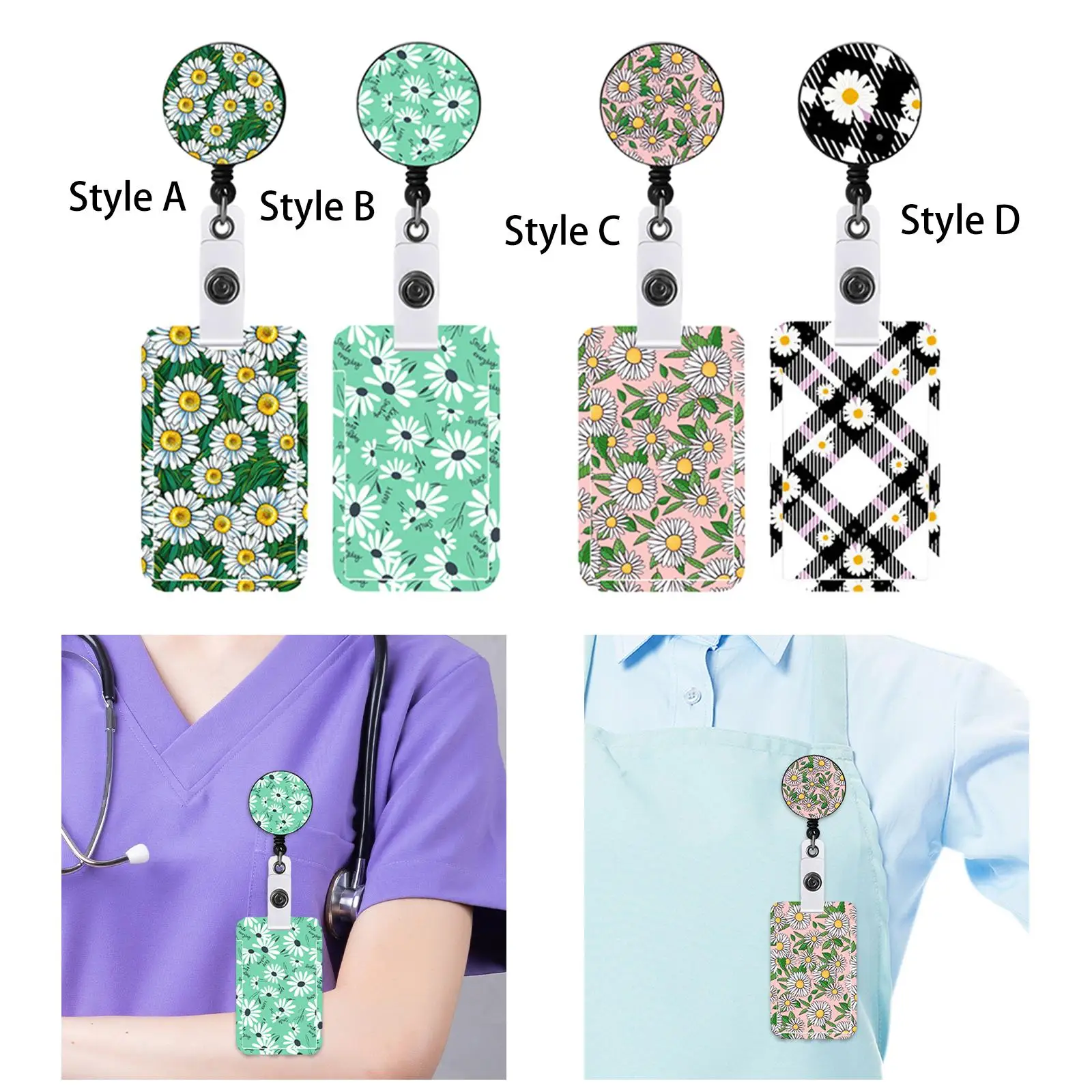 ID Badge Holder Retractable Clip Flower Pattern for Office Worker Versatile