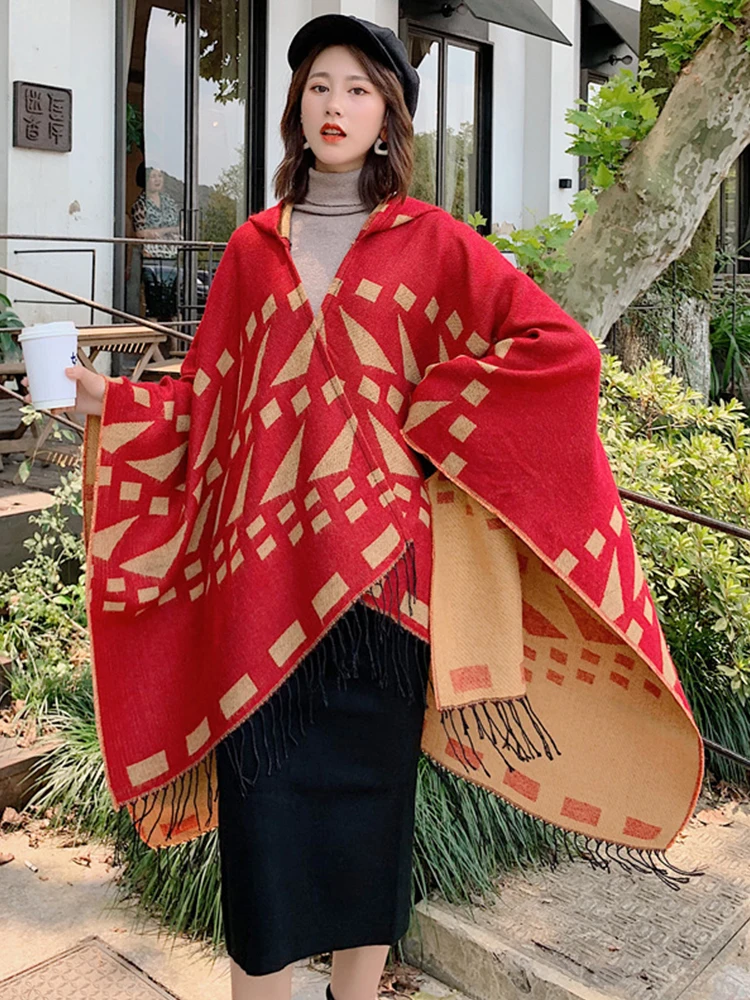 

New 2023 Knitted Autumn Winter Imitation Cashmere Scarf Women Retro Poncho Warm Capa Para Mujer Pashmina Wrap Shawl Chales Cloak