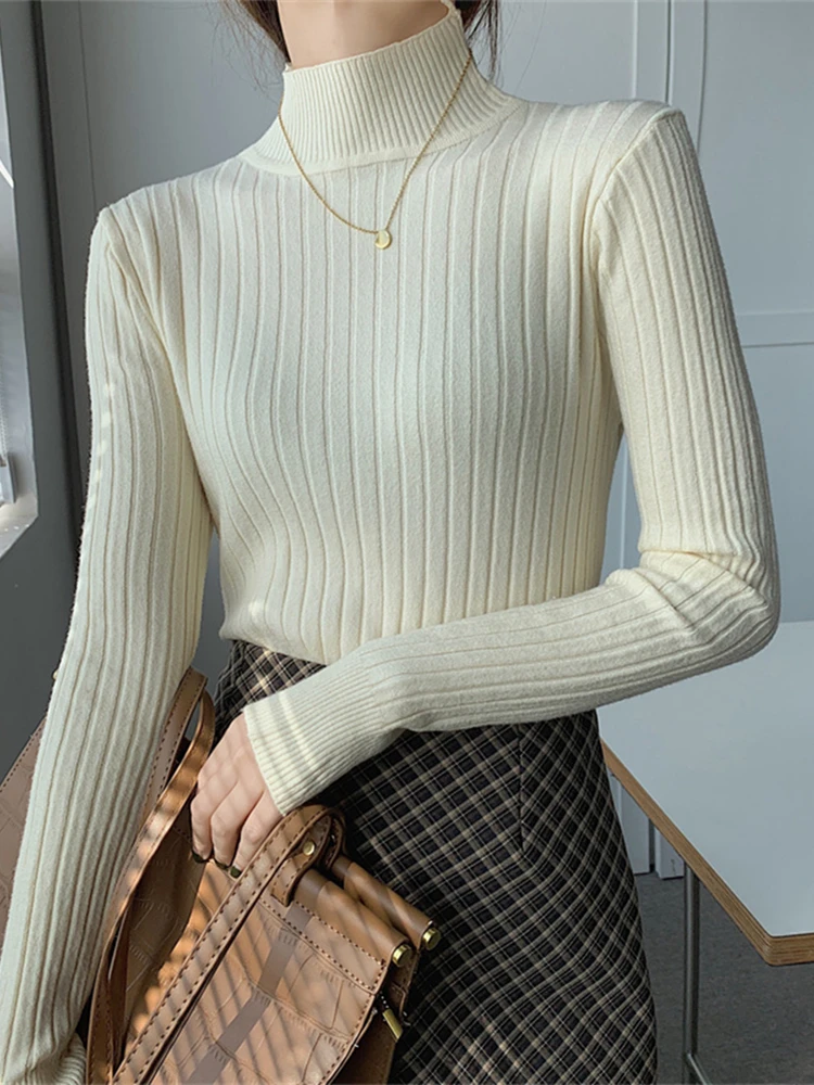 

Autumn Winter Half Turtleneck Knitted Women's Sweaters 2022 New Long Sleeve Bottoming Solid Sweater Female Chic Slim Tops