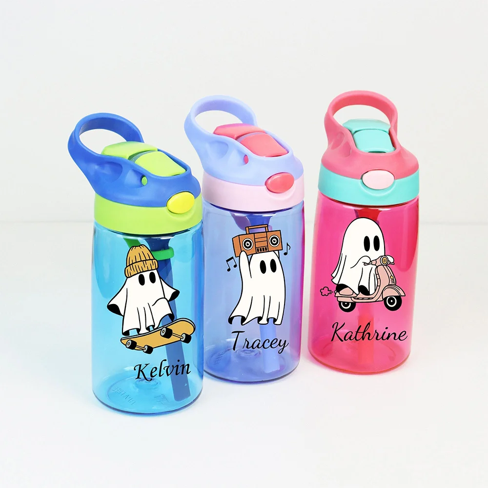 PersonalizedKids Water Bottle, Custom Name Flip Top Straw Cup, Cute Ghost Portable Drinking Bottle For Boys Girls Halloween Gift view 5