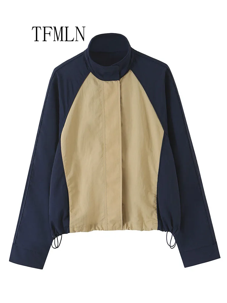 TFMLN Causal Women Patchwork Loose Jackets Fashion Zipper Drawstring Sports Coats High Street Ladies Daily Outwear 2026 Autumn
