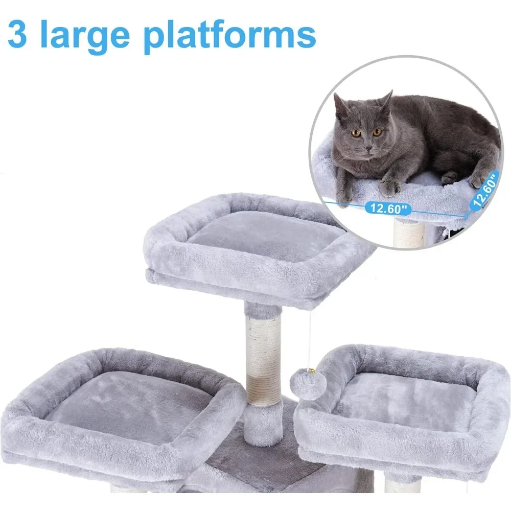 Indoor cat tower, multi story cat house with 3 soft cushioned habitats, 2 pet apartments and grab pillars, cat pillars