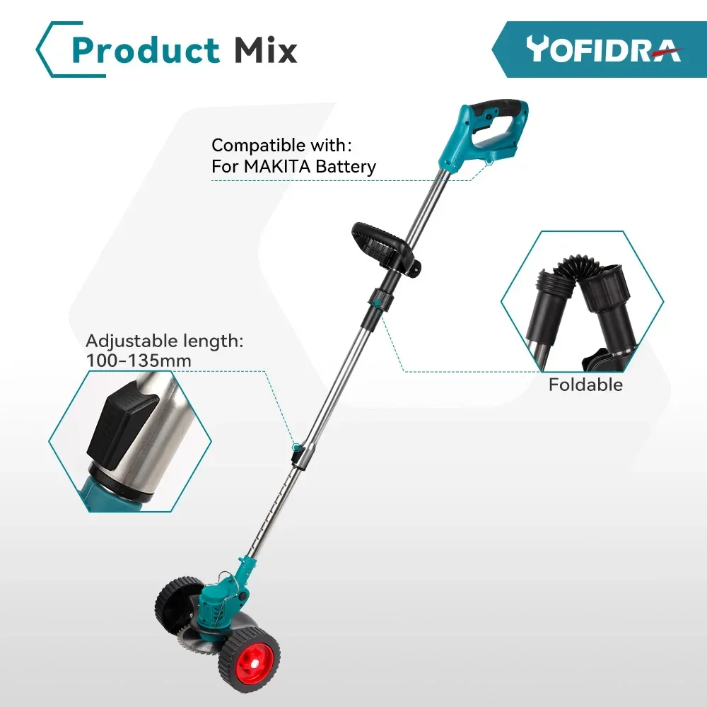 Yofidra 12000RPM Electric Folding Lawn Mower Cordless Grass Lawn Trimmer Adjustable Handheld Power Tool For Makita 18V Battery