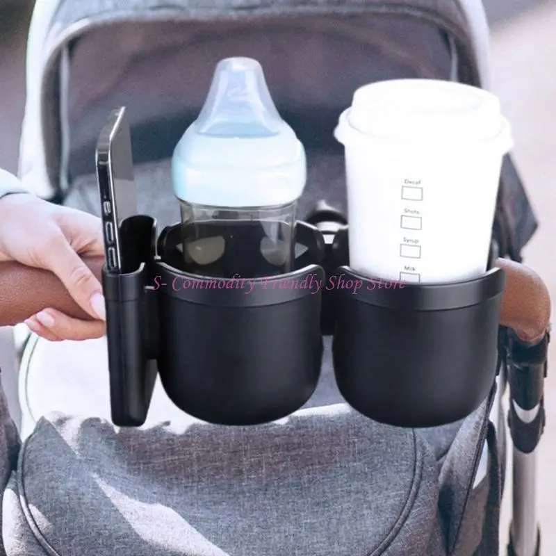 85AE Kinderwagen-Getränkehalter mit Handyhalter für Rollstuhlfahrer, Kinderwagen, Doppelbecherhalter, Flaschen-Organizer – Detail 7