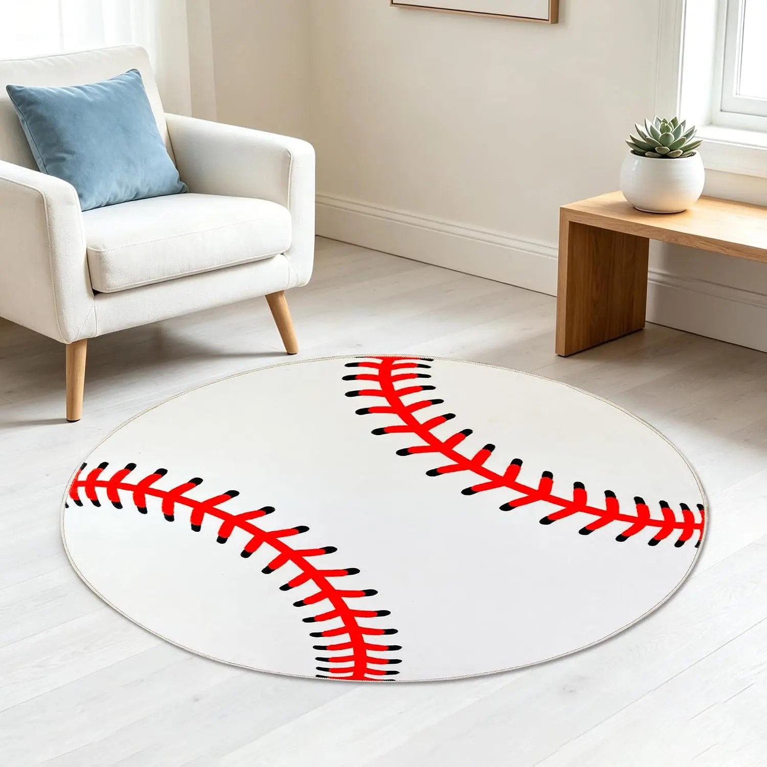 Soft Round Baseball Stitching Area Rug Foam Throw Mat Cushion Decorative Living Room Floor Mat Gift for Sports Fan Home Decor