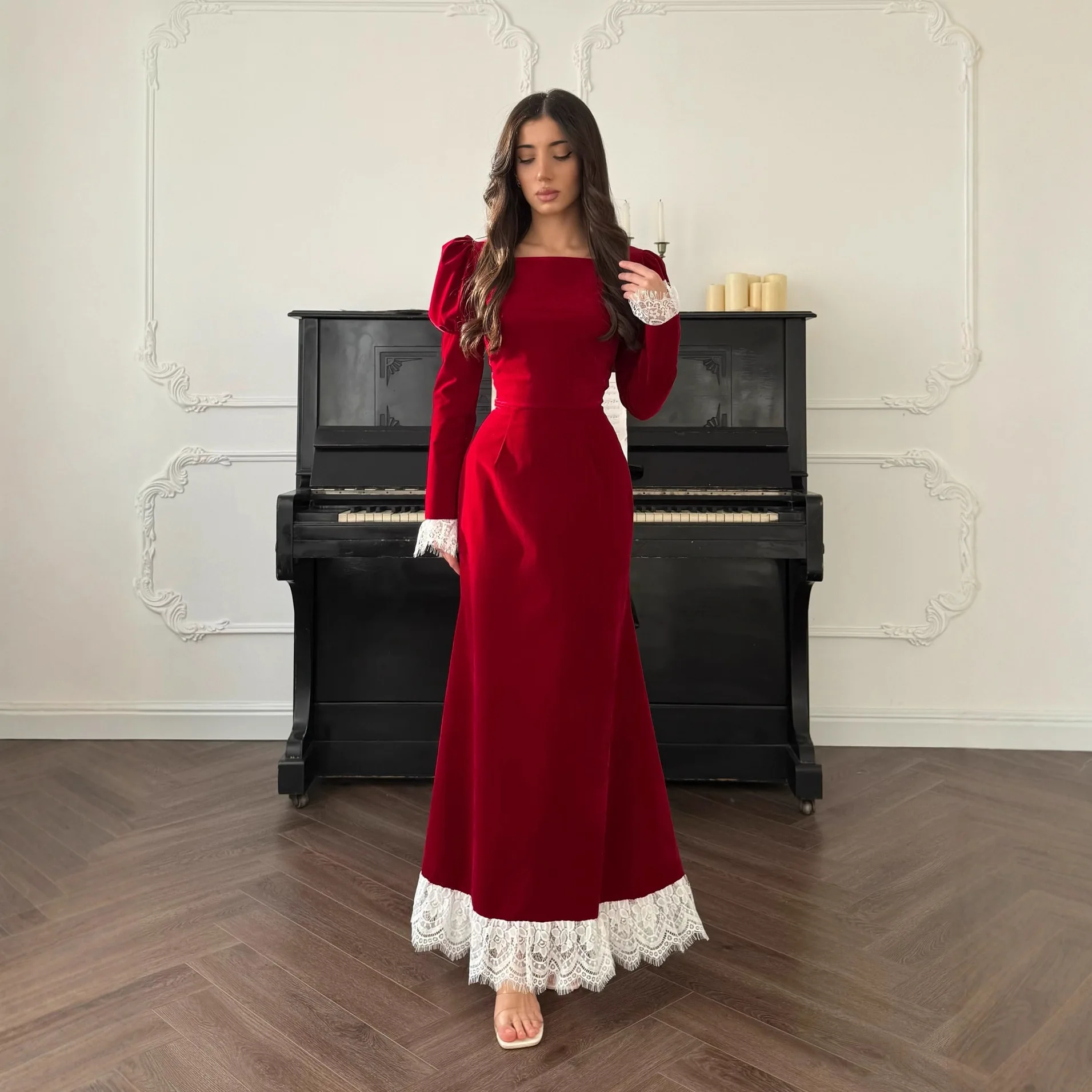 21630 Damska Sukienka Wieczorowa Syrena z Aksamitu z Gorsetem, Ozdobiona Perłami i Koronką, Elegancka Suknia Maxi na Bal, Wesele, Studniówkę