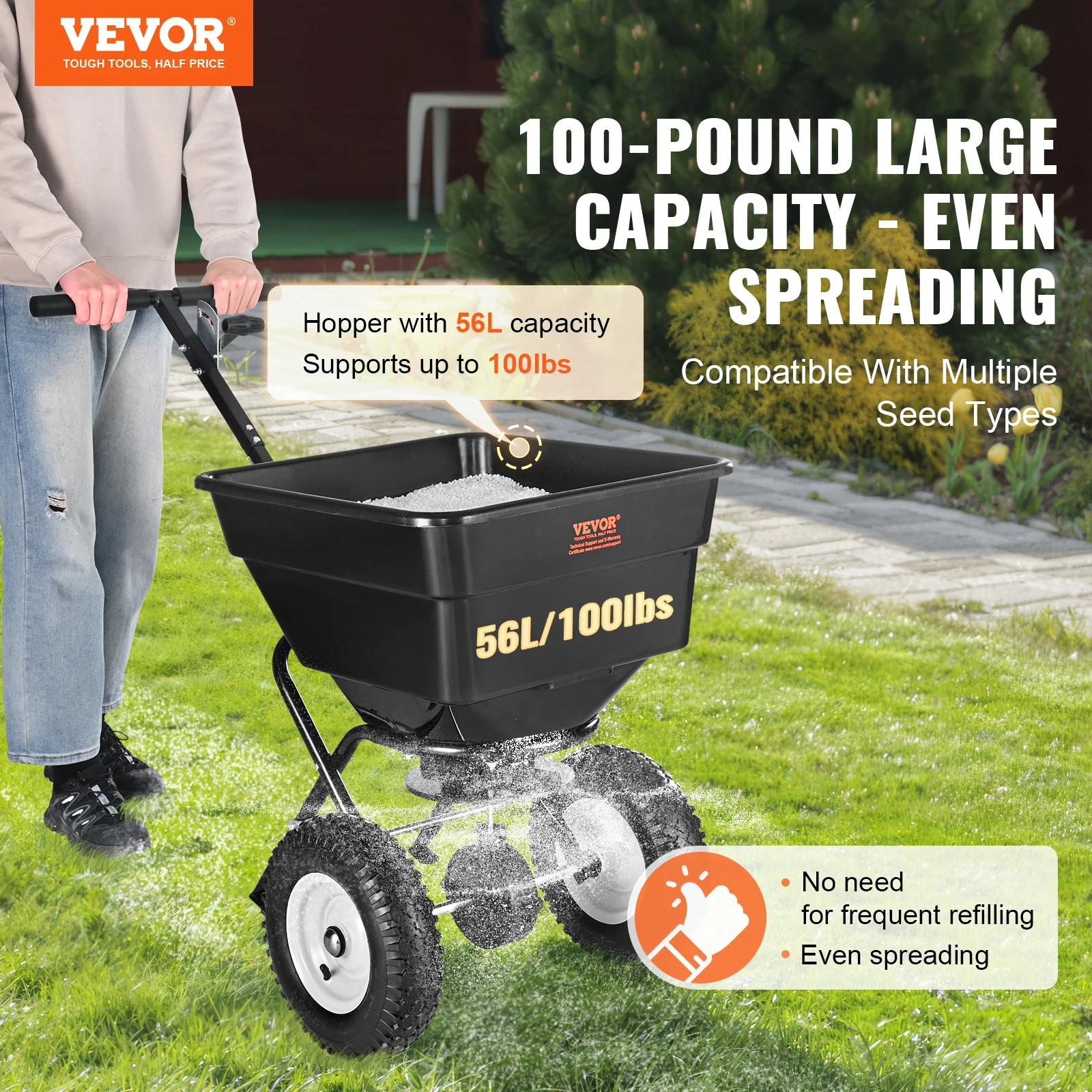 VEVOR Garden Broadcast Spreader 100lbs Walk-Behind Turf Spreader Steel Push Fertilizer/Salt Spreader&Garden Seeder for Home/Farm