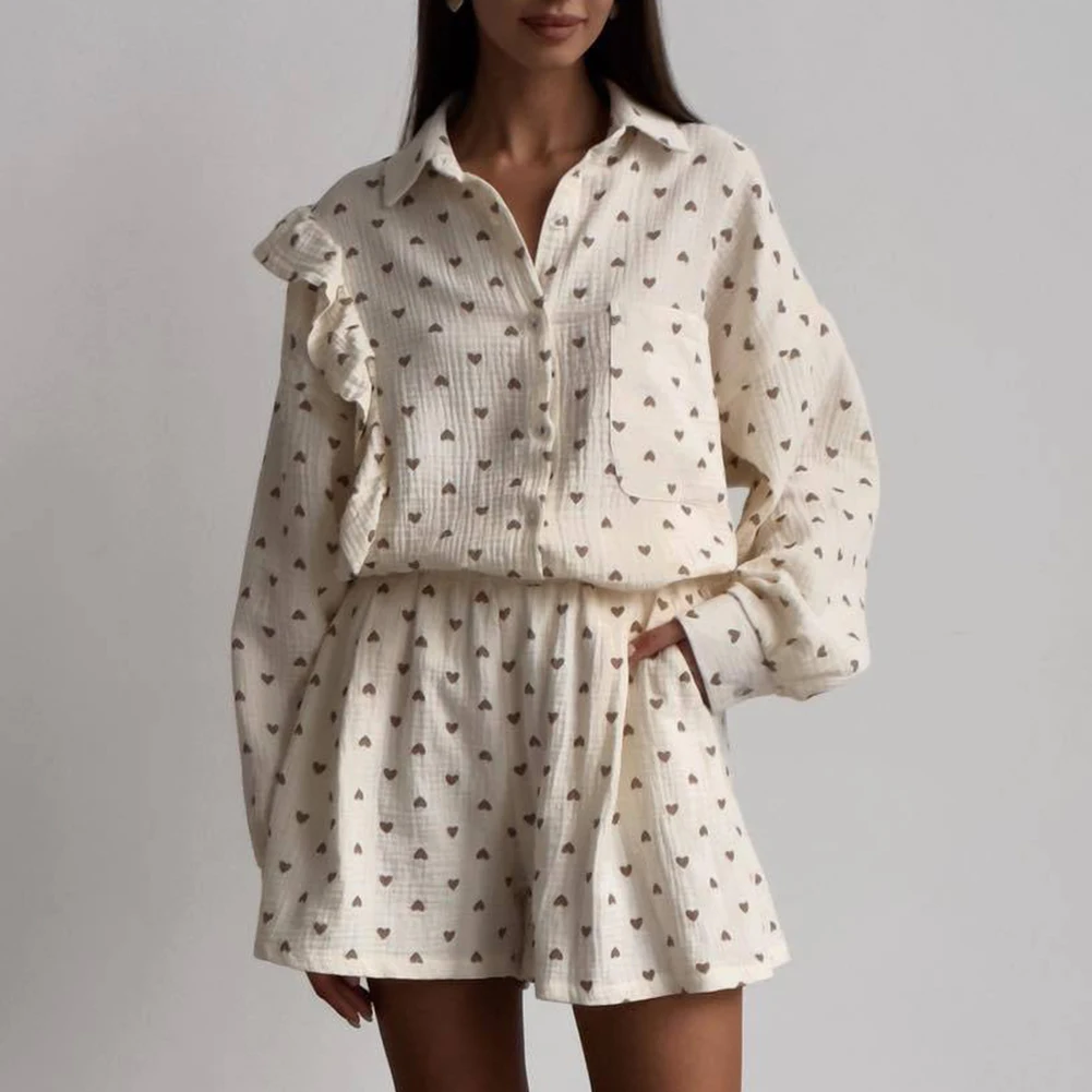 

Comfortable Heart Print Lounge Suit Cotton Blend Fabric Lapel Neckline Slight Stretch Suitable For Spring, Summer, Autumn