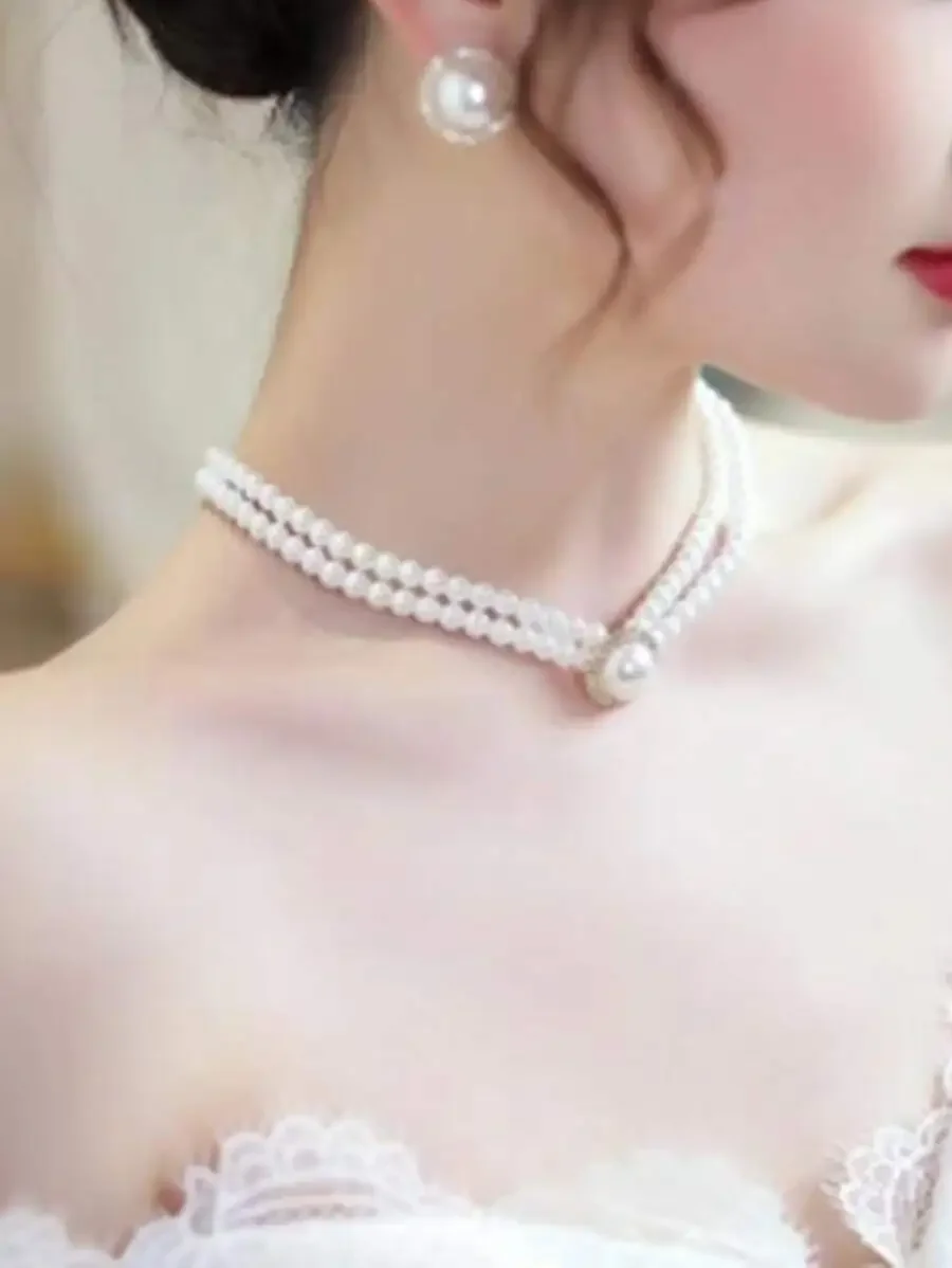 

Double Strand Faux Pearl Choker Necklace & Stud Earrings Set for Women