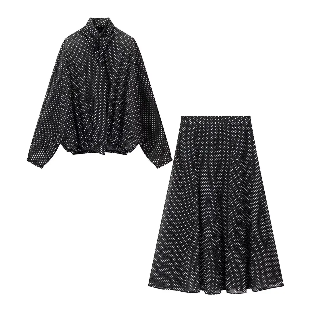 CharmChant Dames Polka Dot Doorschijnend Chiffon Oversized Shirt & Maxi Rok 2-delige set Lente 2026 Retro Elegant Chic Feestoutfits