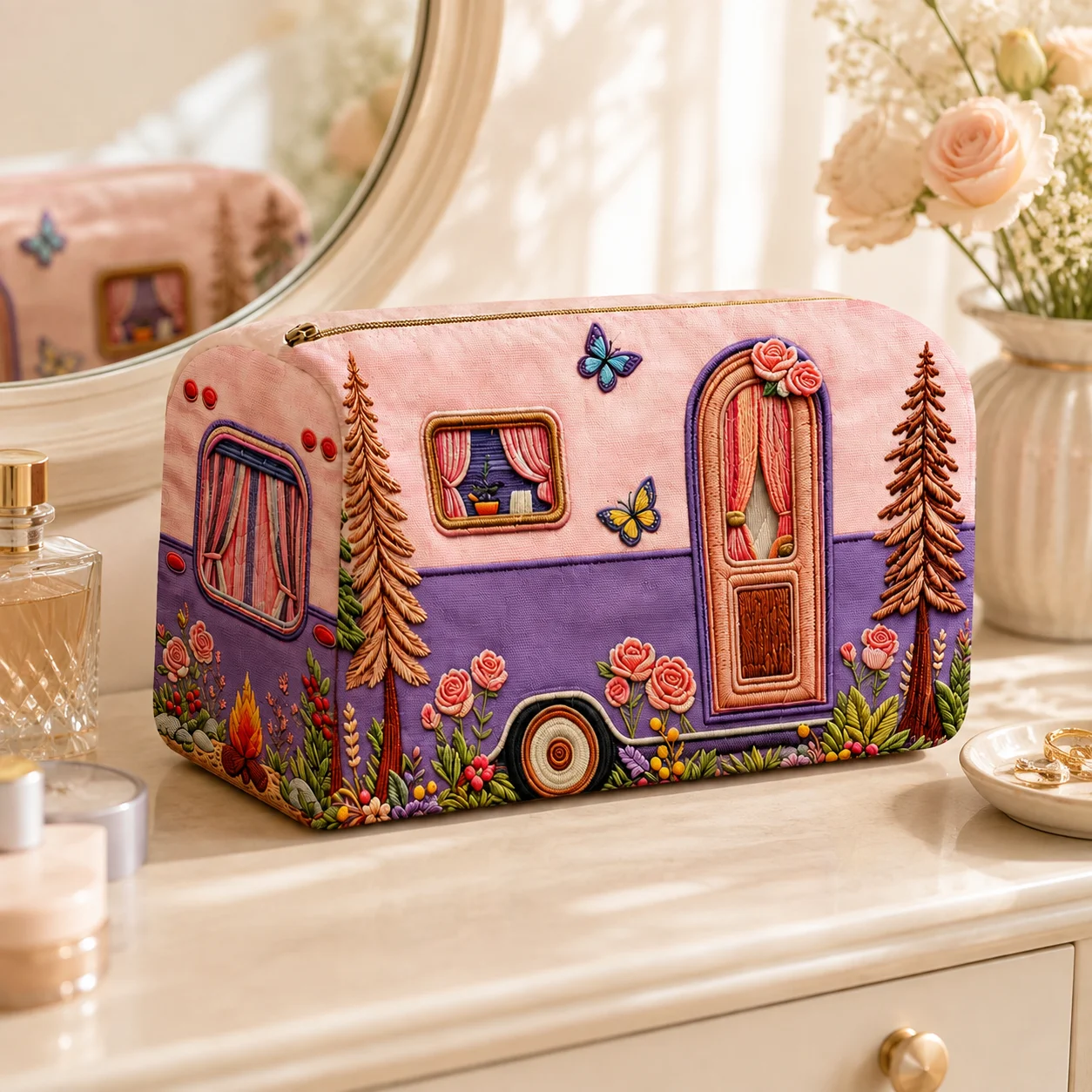 Cosmetic Bag Embroidered Camper Makeup Bag Travel Toiletry Organizer Floral Storage Pouch Women Beauty Case Zipper Portable