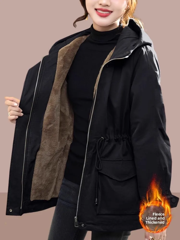 

Женское утепленное хлопковое пальто средней длины с флисовой подкладкой, большие размеры, модное повседневное пальто с капюшоном