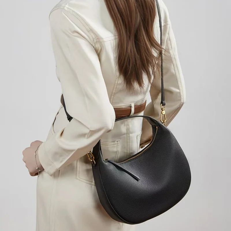 Fashion Women's Genuine Leather Shoulder Crossbody Bag First-Layer Cowhide Dumpling High-End Handbag Simple Stylish Dumpling Bag